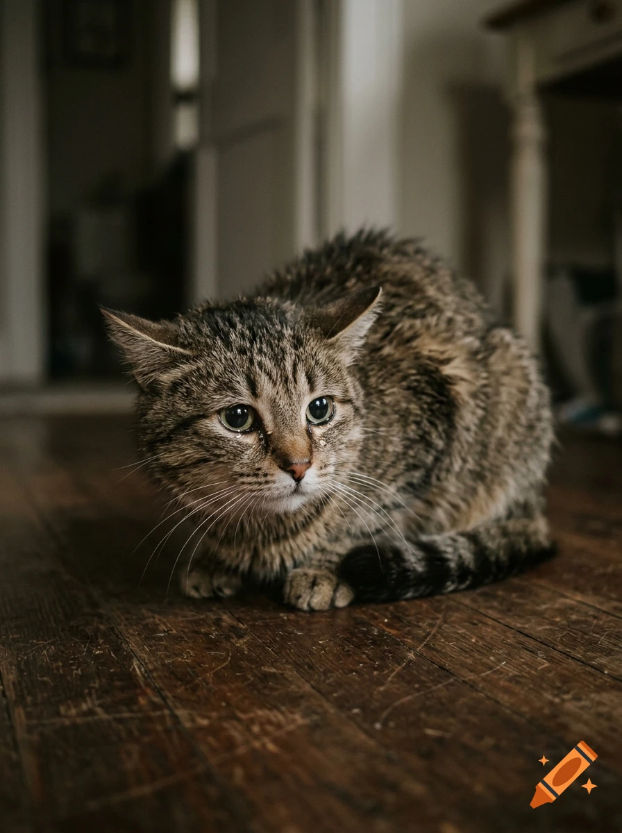 Frightened tabby cat with teary eyes crouching on a wooden floor in a dimly lit room, photorealistic.