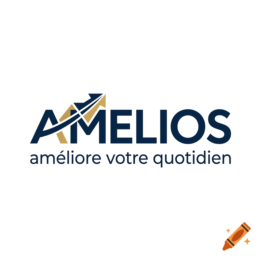 Professional logo for AMELIOS with a stylized upward arrow and the slogan 'améliore votre quotidien' in dark blue and gold.