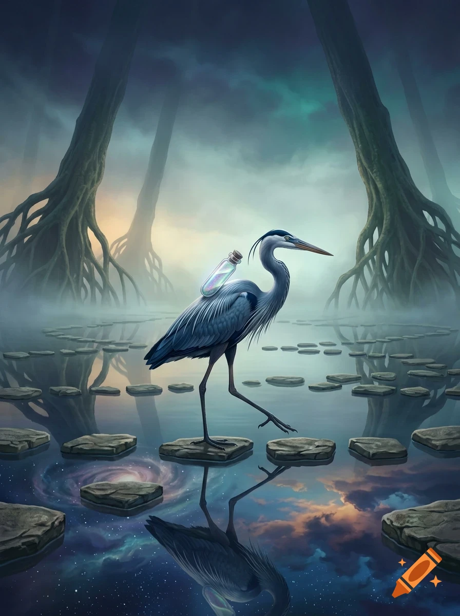 A blue heron with a glowing bottle strapped to its back steps across stone pillars in a misty, magical body of water surrounded by large trees.