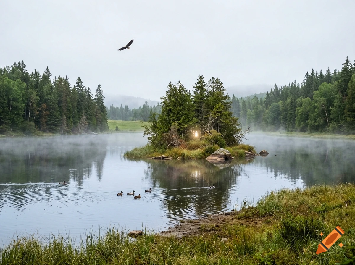 Photorealistic landscape of a calm misty lake with a forested island, swimming ducks, and an eagle flying overhead.