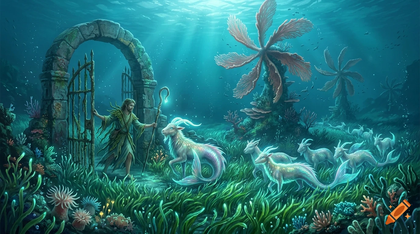 An underwater fantasy scene with a figure guiding luminous, magical sea-goats through an ornate stone archway.