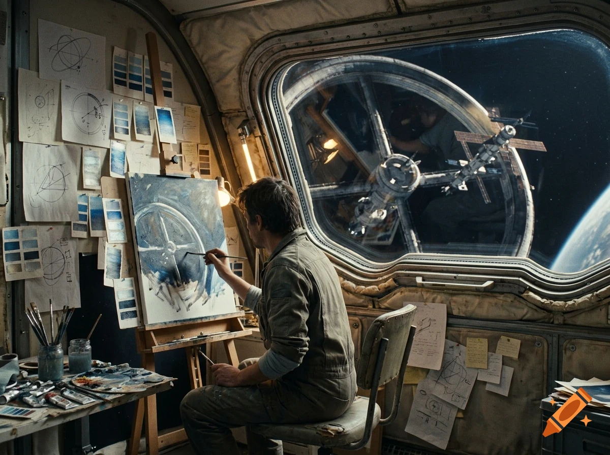 An artist sits in a spacecraft cabin painting on an easel, with sketches pinned to the wall and a large window showing a space station and Earth in orbit.