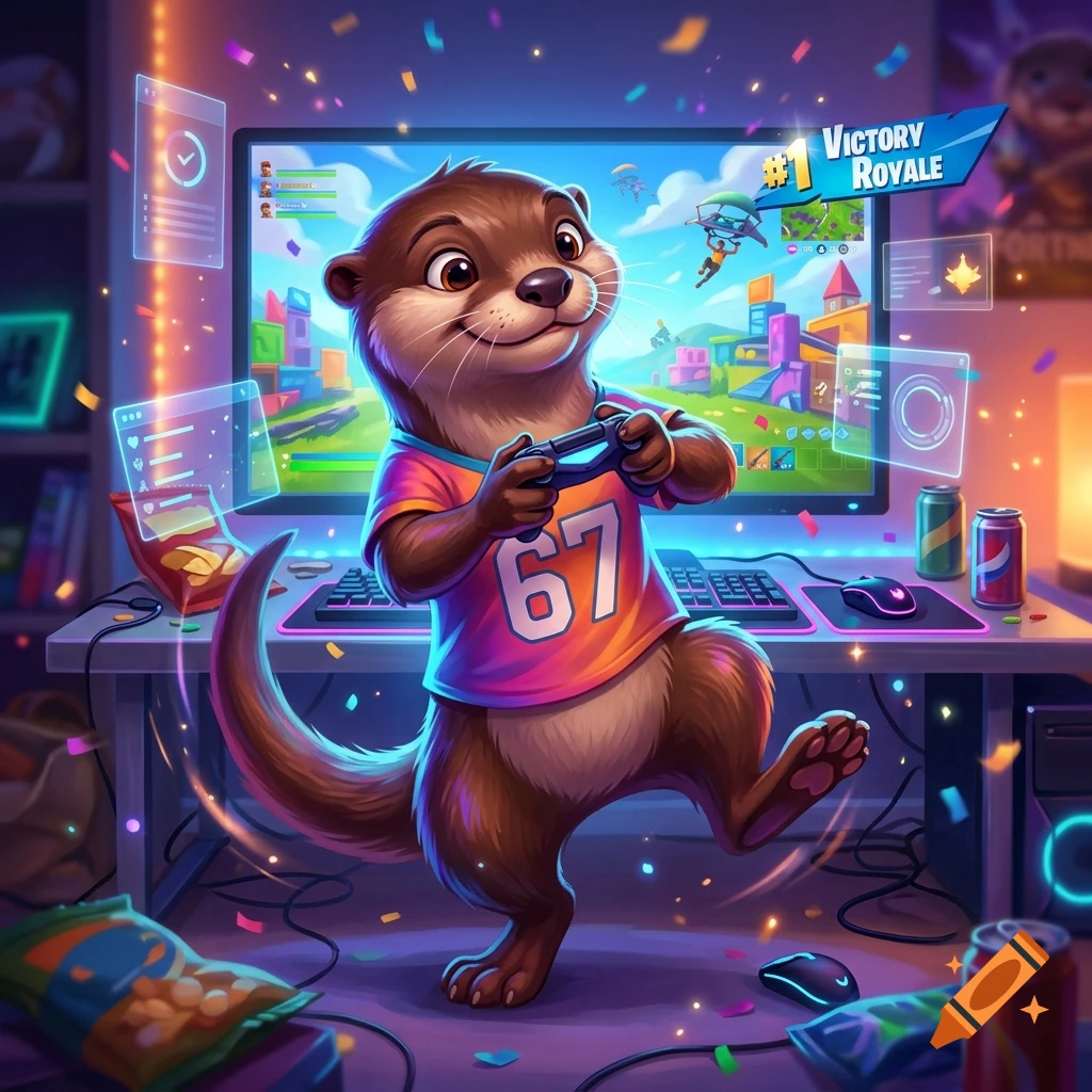 An anthropomorphic otter wearing an orange jersey with the number 67 dances while playing Fortnite in a colorful gaming room, digital art.