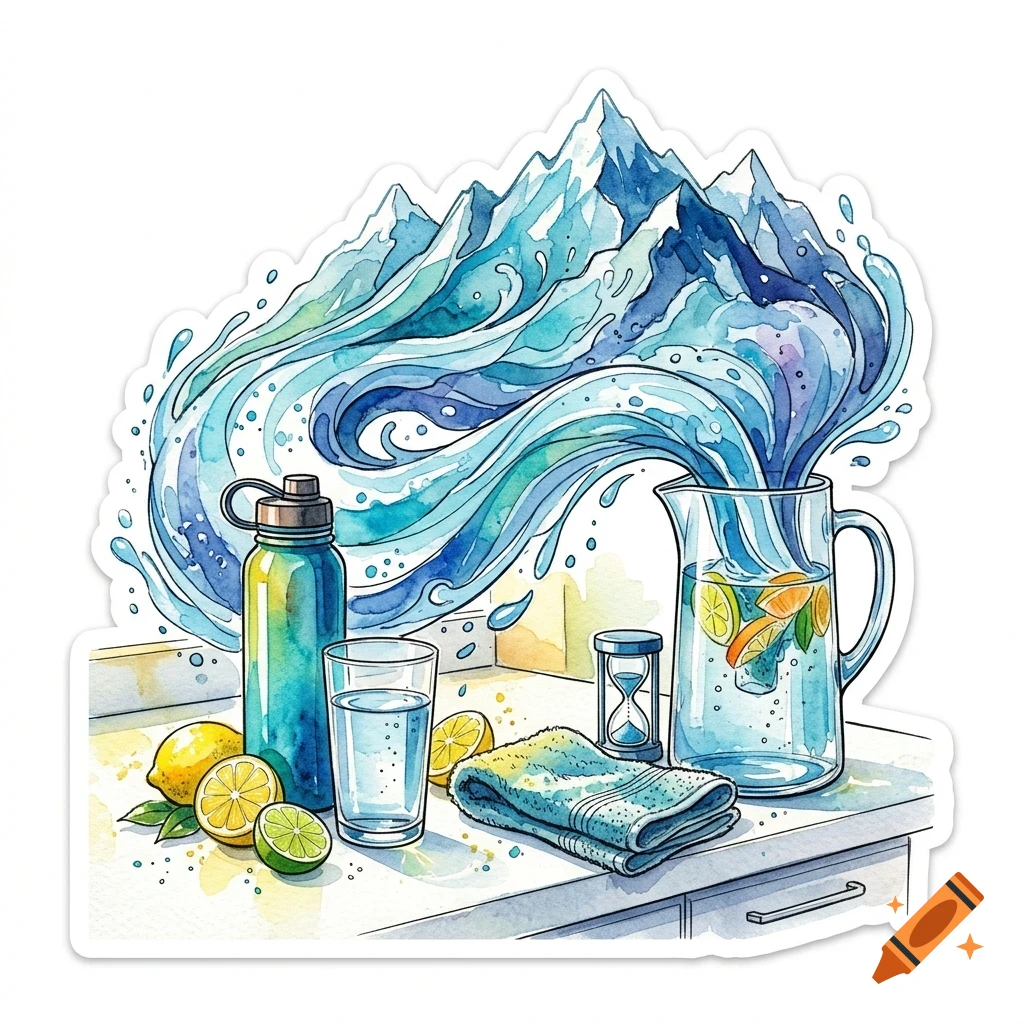 A watercolor illustration of a kitchen counter with lemons, a water bottle, glass, pitcher, hourglass, and towel, with water splashing up into blue mountains.