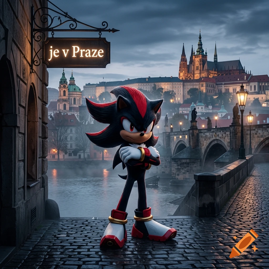 Shadow the Hedgehog standing on a cobblestone bridge in Prague with Prague Castle in the background.