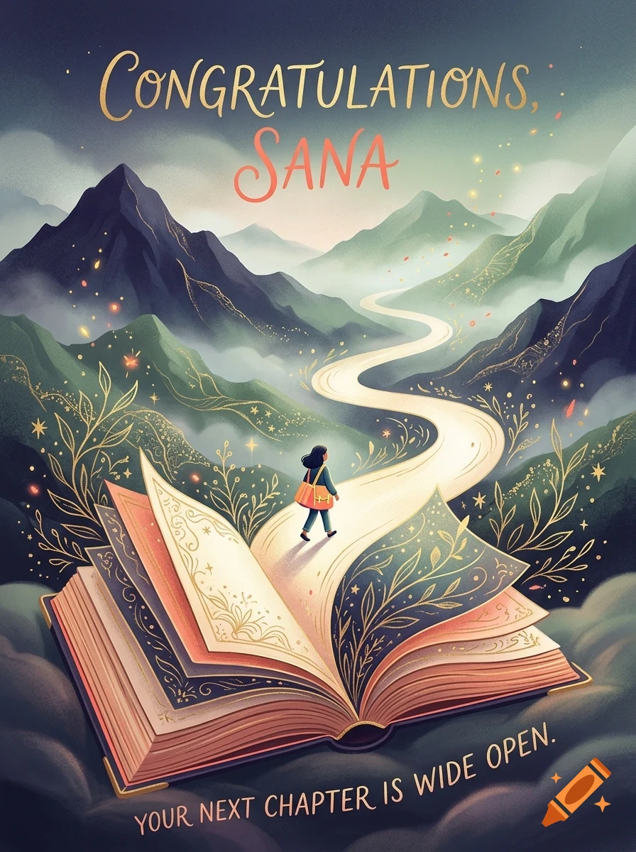 An illustration of a person walking on a winding path emerging from an open book, with mountains and starry skies in the background, featuring the text 'Congratulations, Sana' and 'Your next chapter is wide open.'