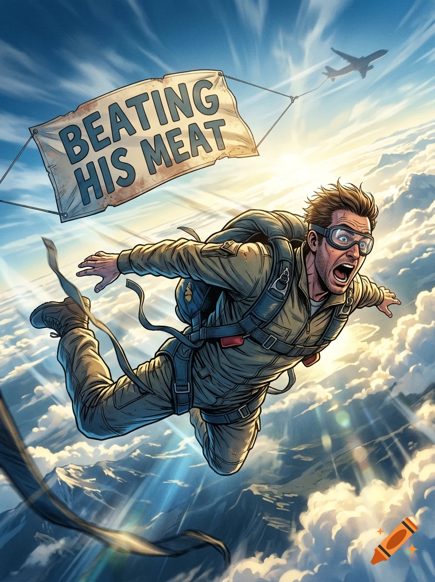 Comic book style illustration of a man skydiving with a banner that reads beating his meat in the sky.