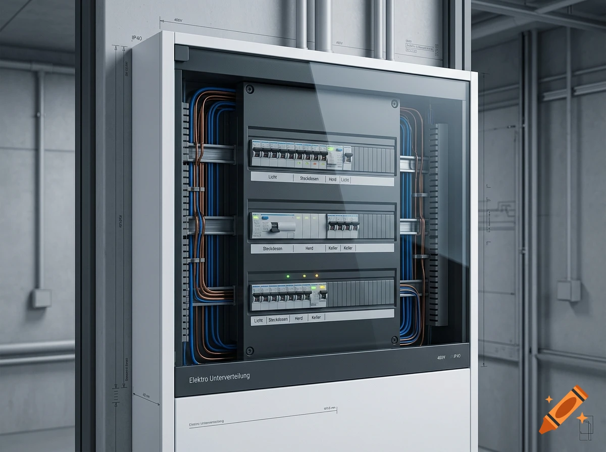 Photorealistic electrical distribution board with visible wiring, circuit breakers, and labels in a modern technical setting.