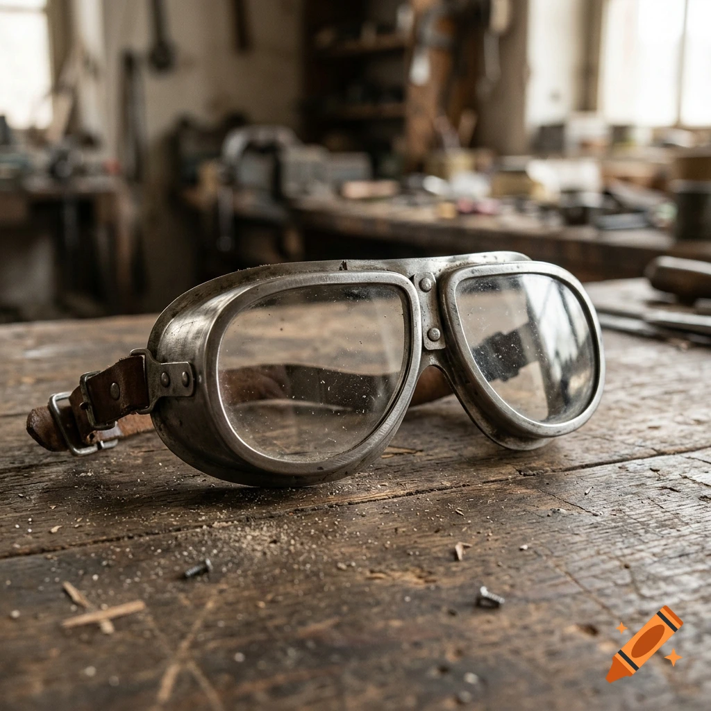 Photorealistic metal goggles with leather straps resting on a rustic wooden workbench.