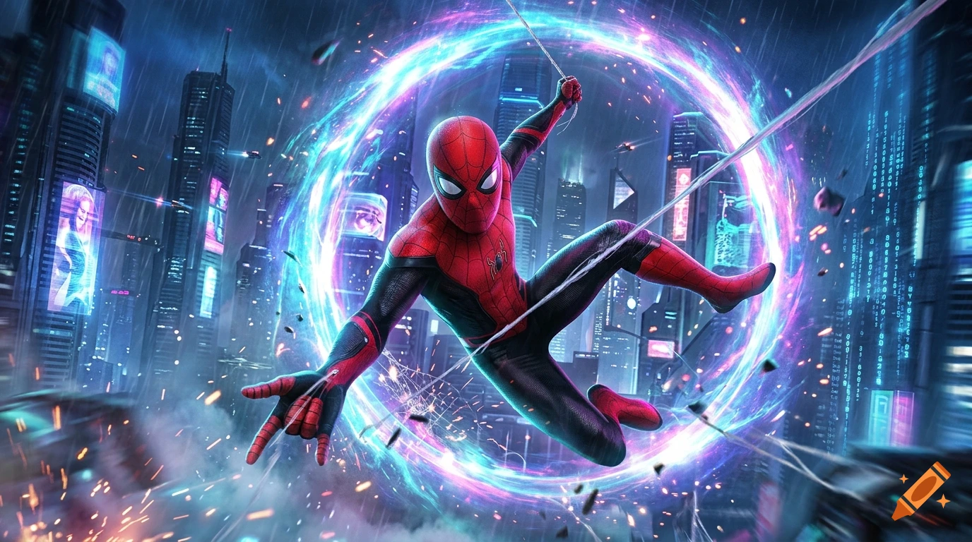 Spider-Man swinging through a glowing futuristic portal in a cyberpunk city at night with digital rain effects.