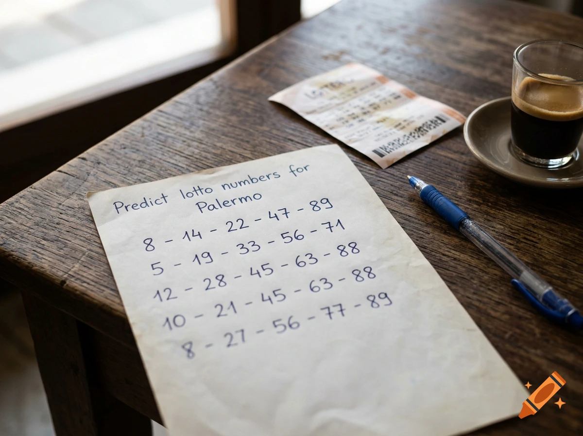 Handwritten lotto numbers on a piece of paper on a wooden table next to a cup of coffee and a pen, photorealistic.