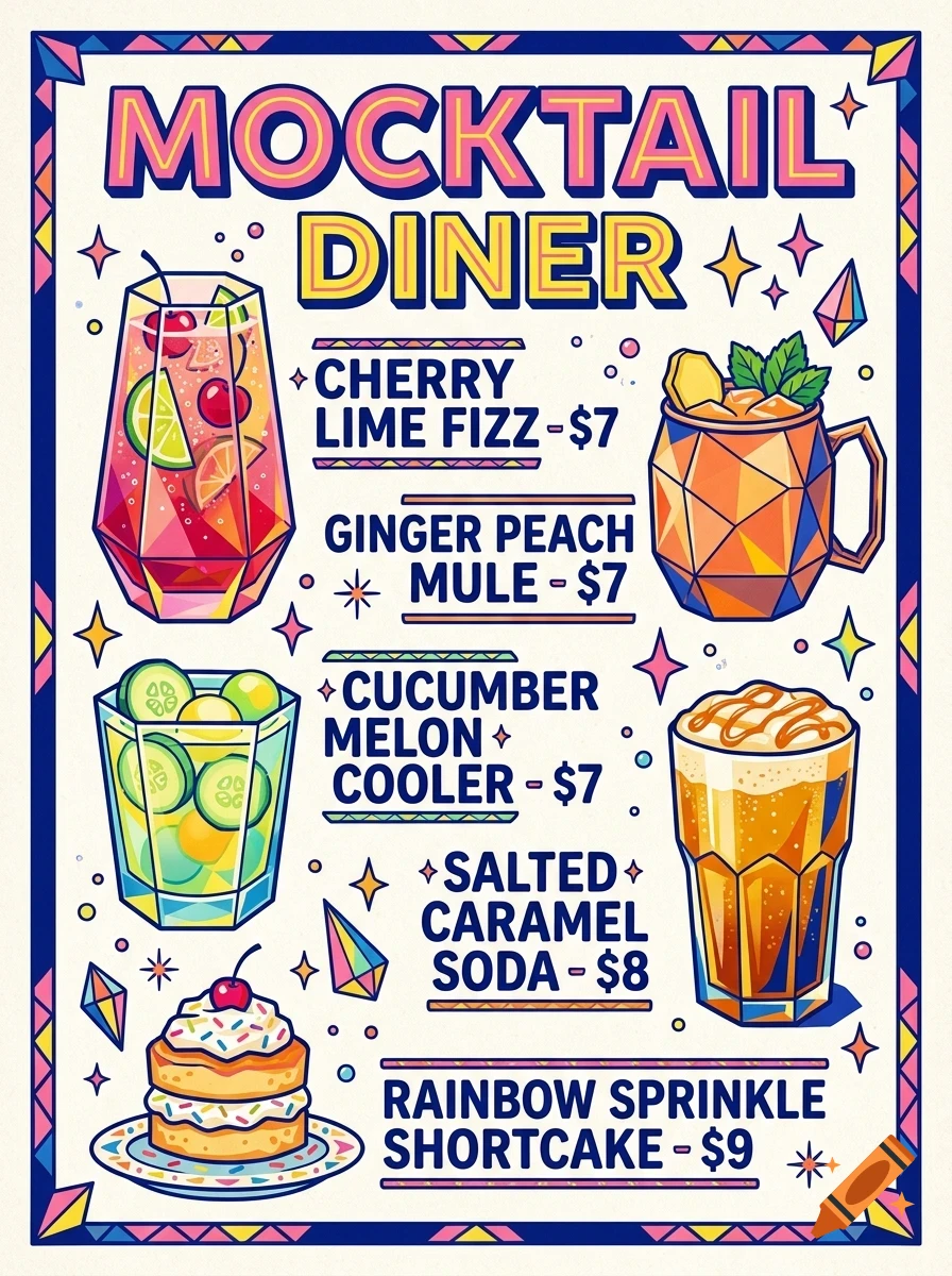An illustrated menu for Mocktail Diner showing five drinks and desserts with prices and names.