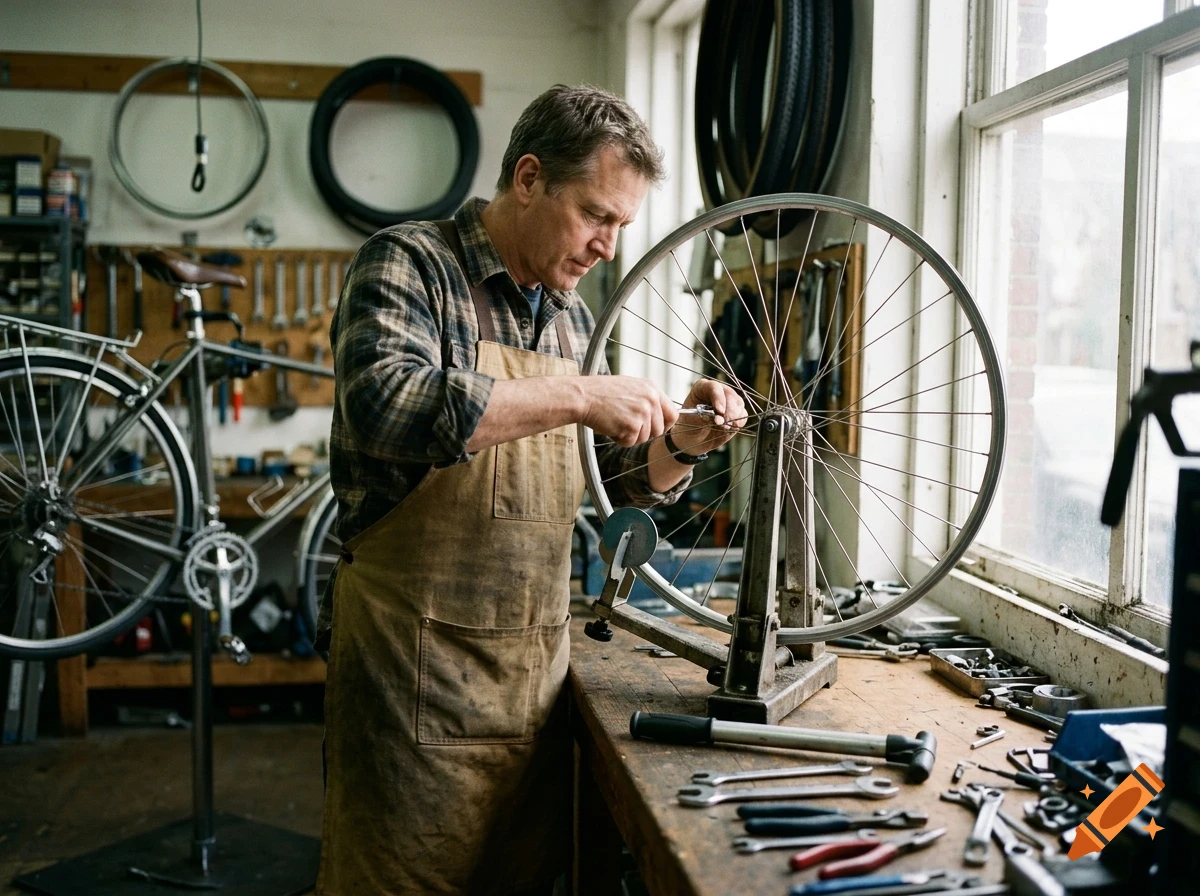 A man wearing an apron works on a bicycle wheel in a repair shop.