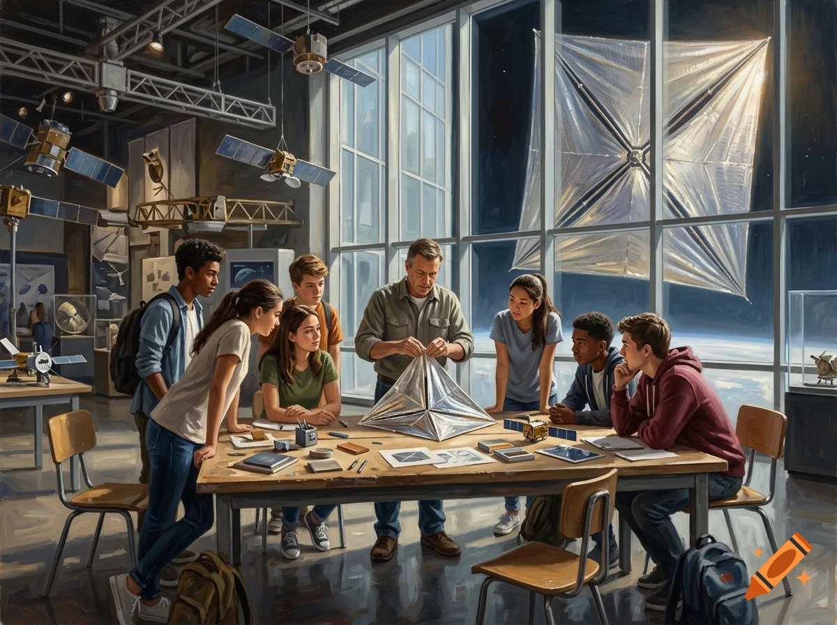 An instructor and students gather around a table examining a reflective model in a science facility with space exhibits.