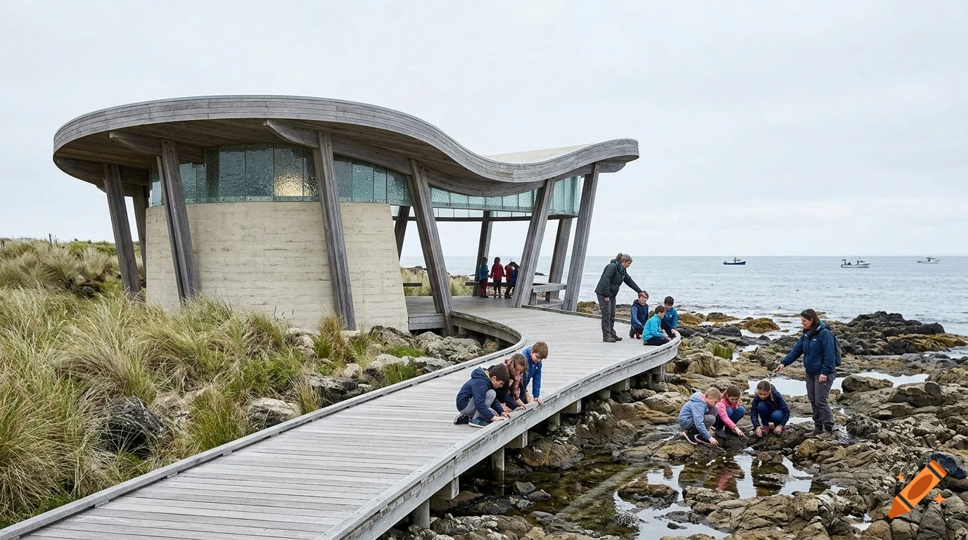 Children and adults exploring a rocky coastline next to a modern wooden building with a curved roof.