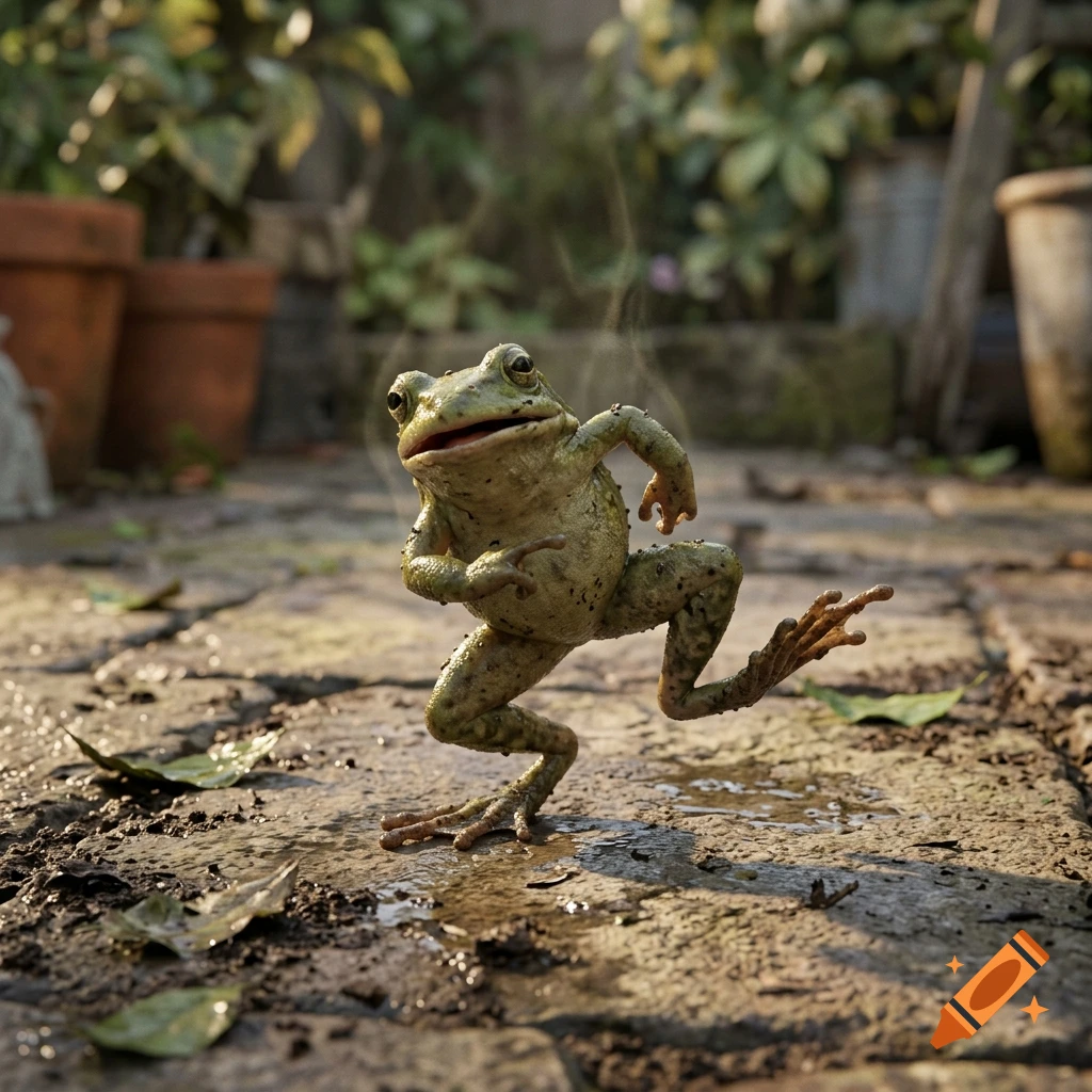 Photorealistic image of a small green frog dancing in a garden setting on a stone patio.