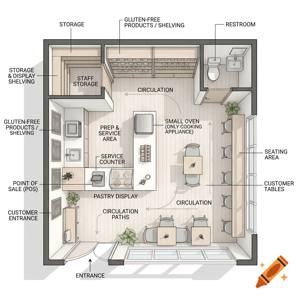Top-down architectural floor plan of a small gluten-free shop with labeled areas, service counter, and seating.
