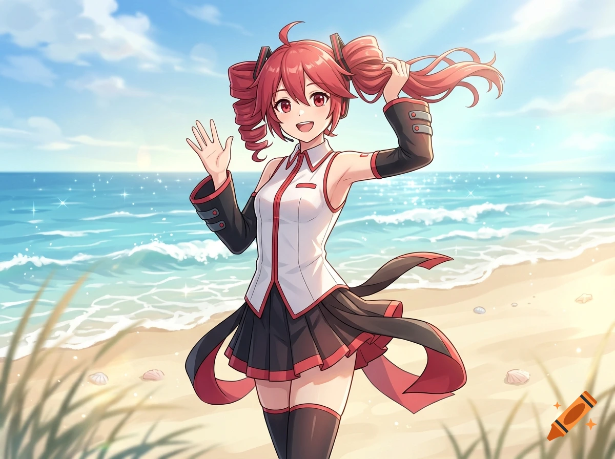 Anime illustration of Kasane Teto with pink twin-tails at the beach on a sunny day.