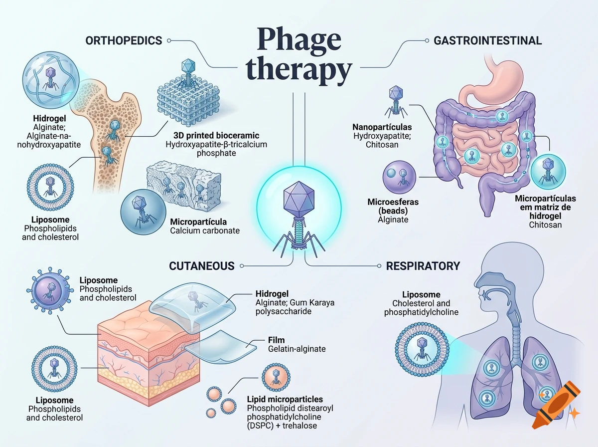 Scientific infographic illustrating phage therapy and encapsulation methods in orthopedics, gastrointestinal, cutaneous, and respiratory systems.