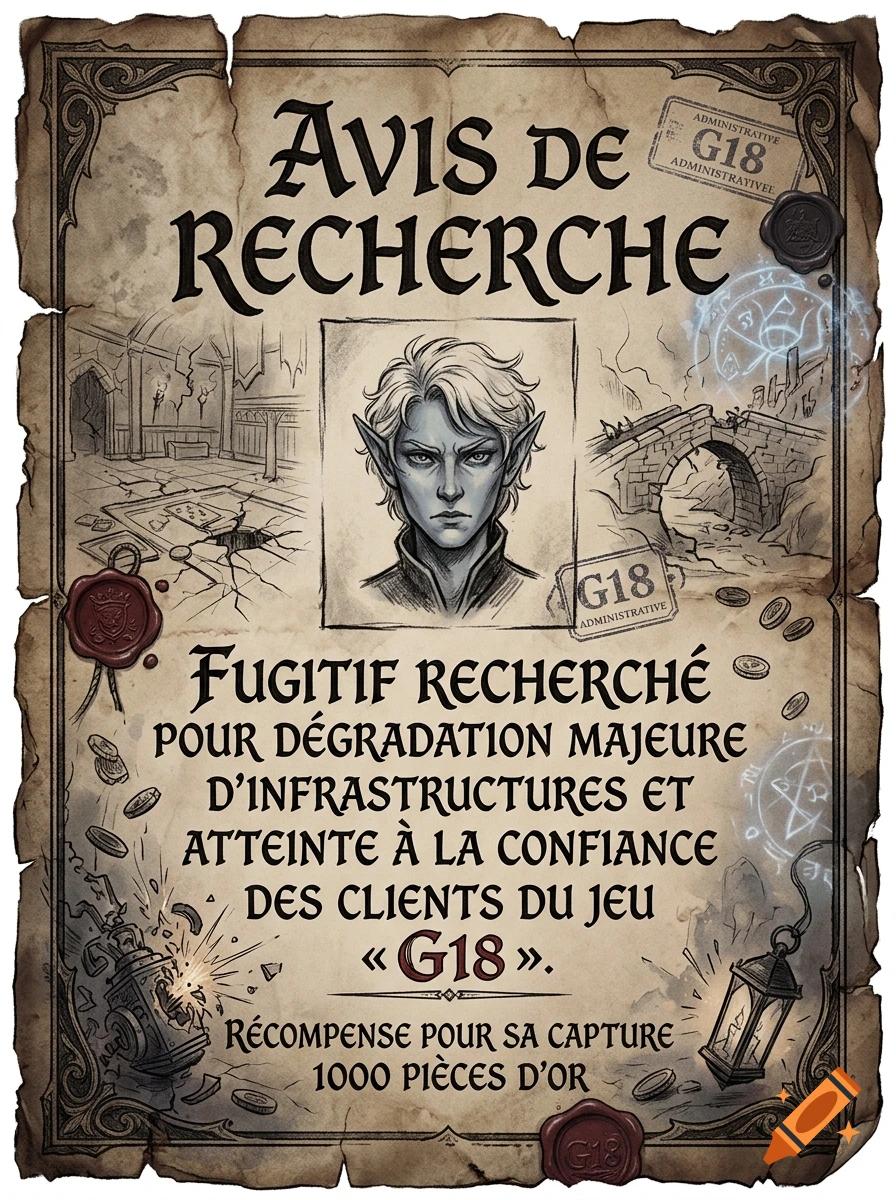 Fantasy wanted poster in French with an illustration of a blue-skinned elf in the center, textured parchment style.