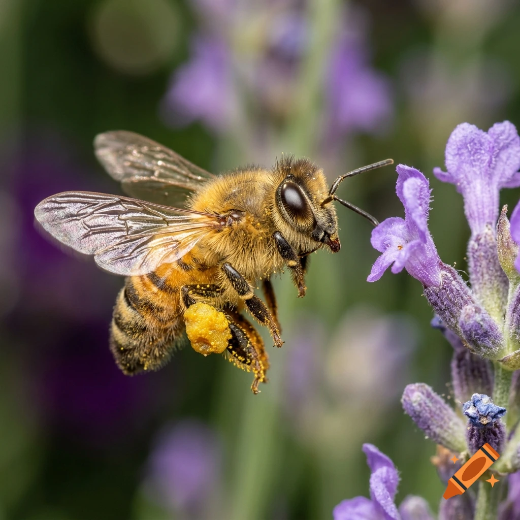 Macro photograph of a honeybee hovering near a purple lavender flower with pollen on its hind legs.