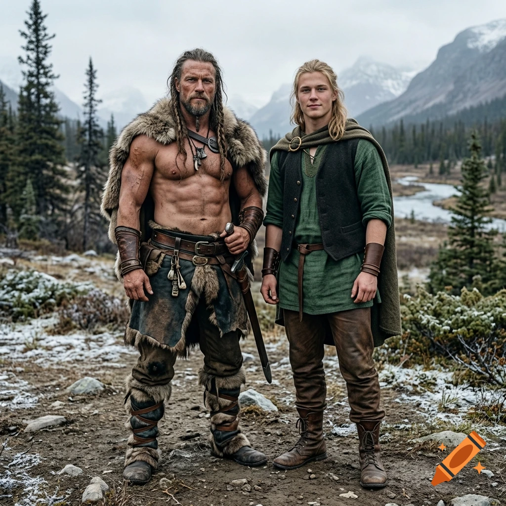 Photorealistic portrait of an athletic barbarian chieftain with furs and a sword standing outdoors next to a young blonde companion in a green tunic.