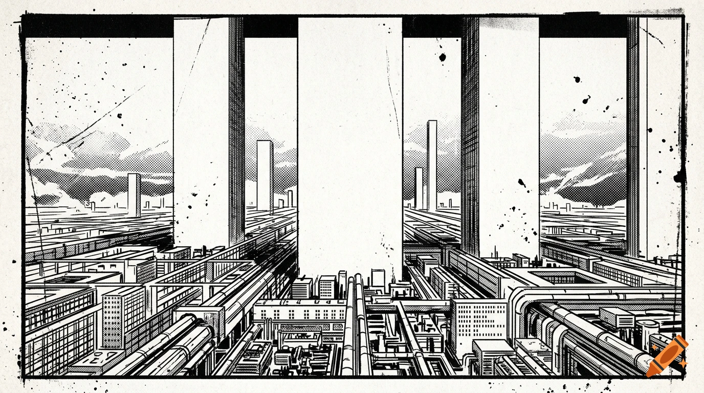 Black and white manga style illustration of a massive, dystopian clinical megacity with towering monoliths and heavy ink bleed.