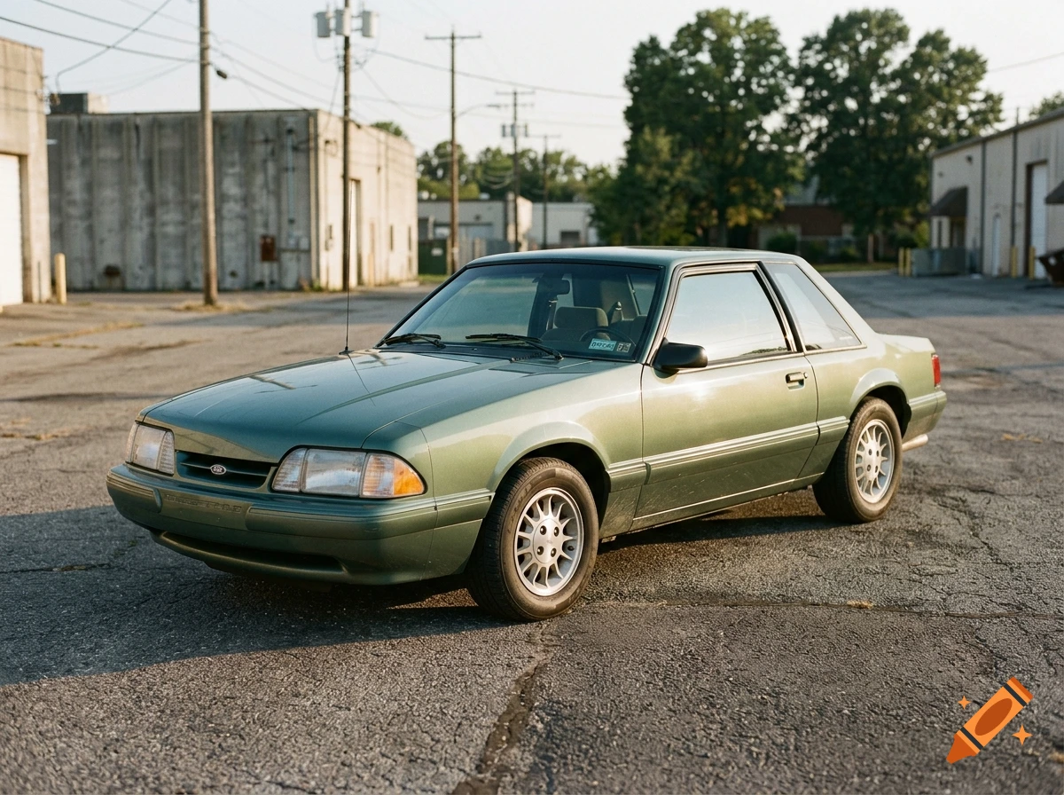 A photorealistic shot of a green 1992 Ford Mustang parked in an empty industrial lot during golden hour.