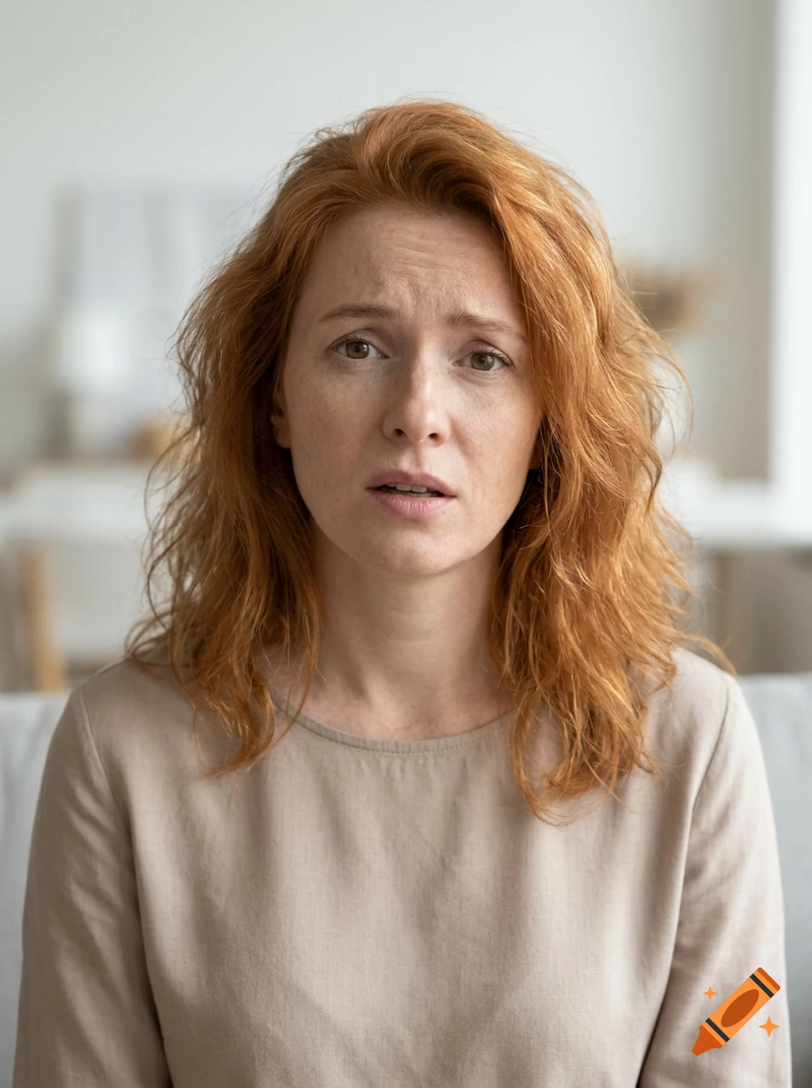 Photorealistic close-up portrait of a woman with red hair and a clueless expression looking at the camera.