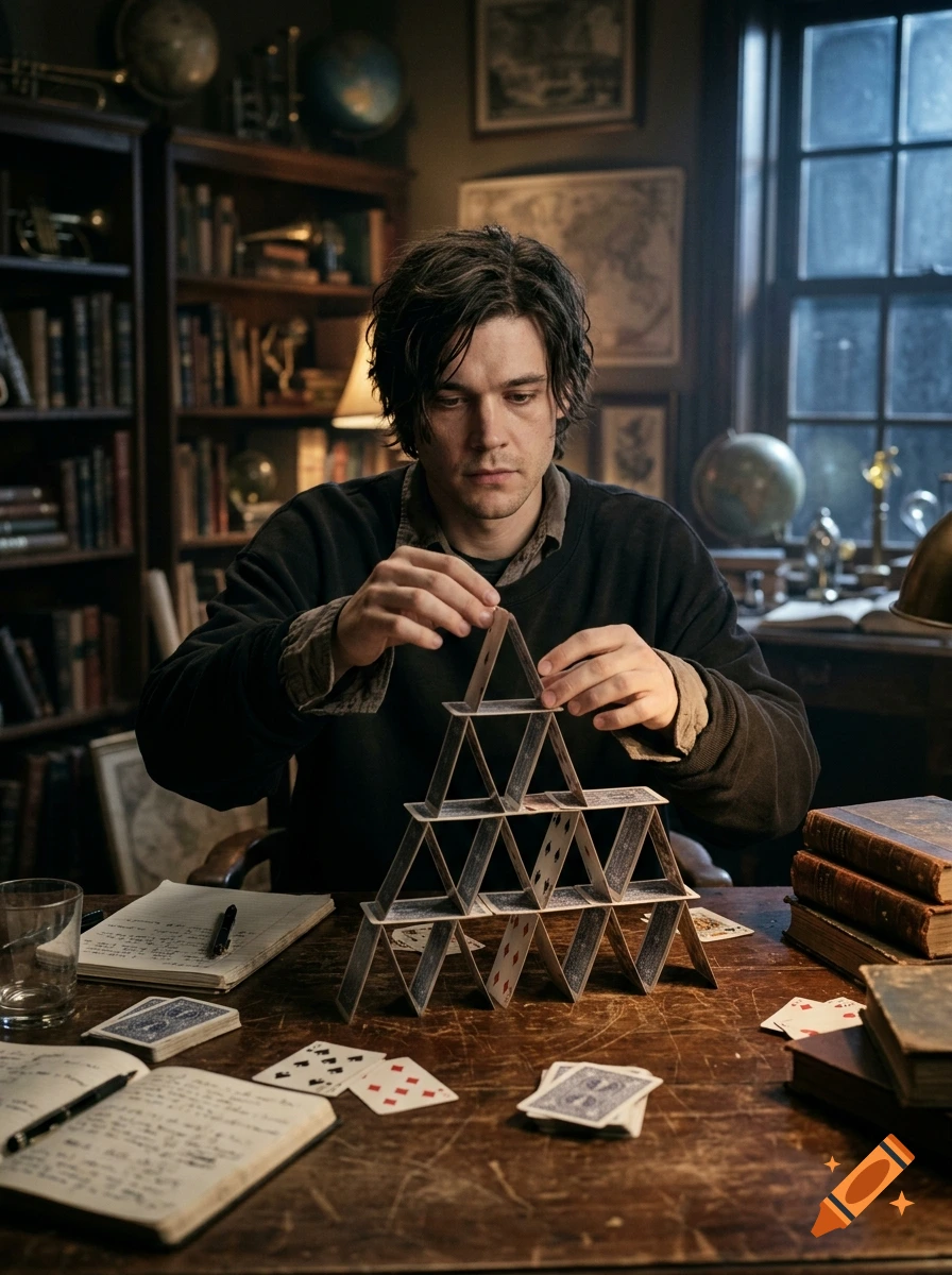 A young man with dark hair carefully building a card castle on a wooden table in a study filled with books and globes, photorealistic style.