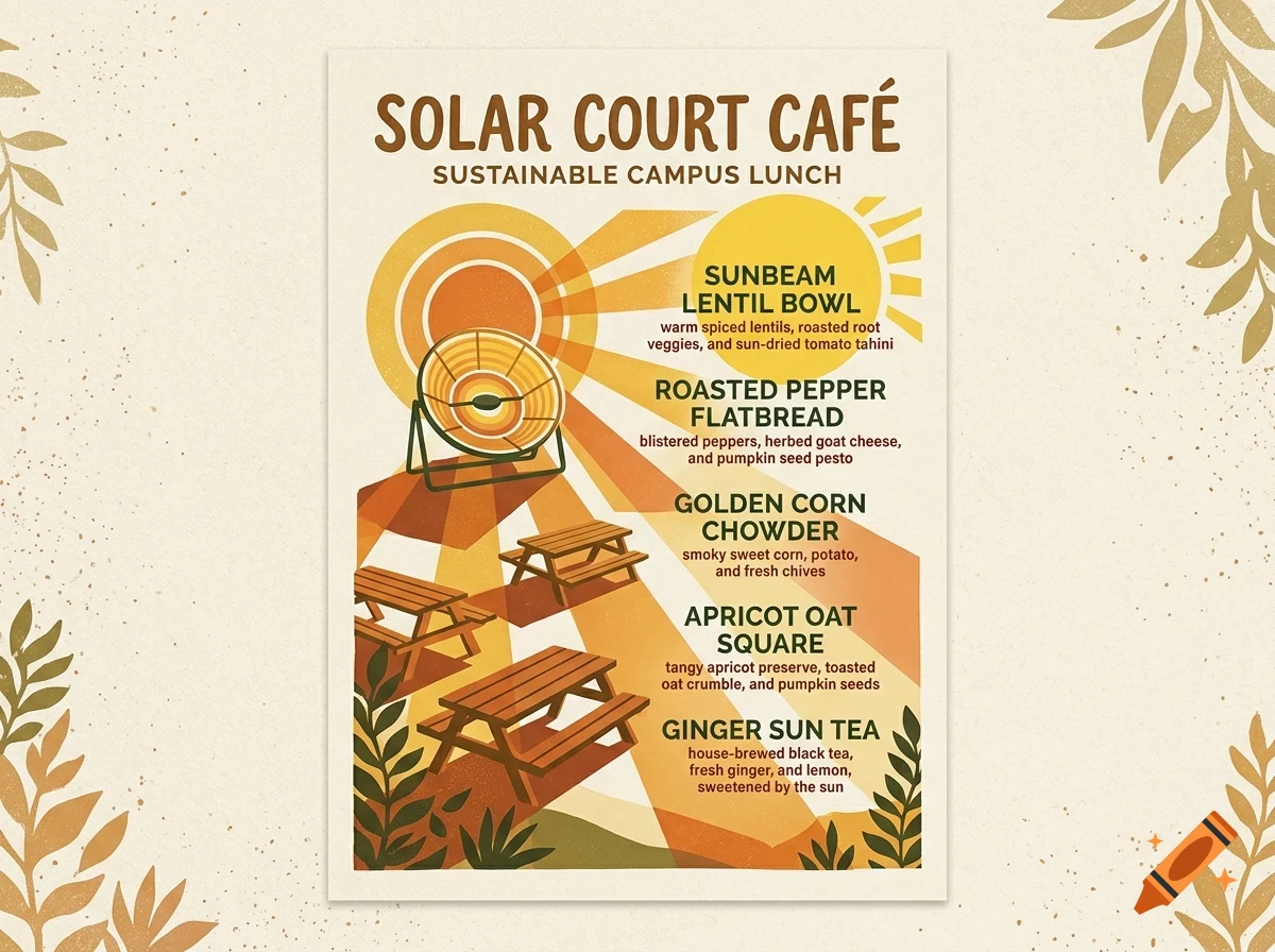 A poster for Solar Court Cafe listing a sustainable campus lunch menu with picnic tables and a solar dish graphic.