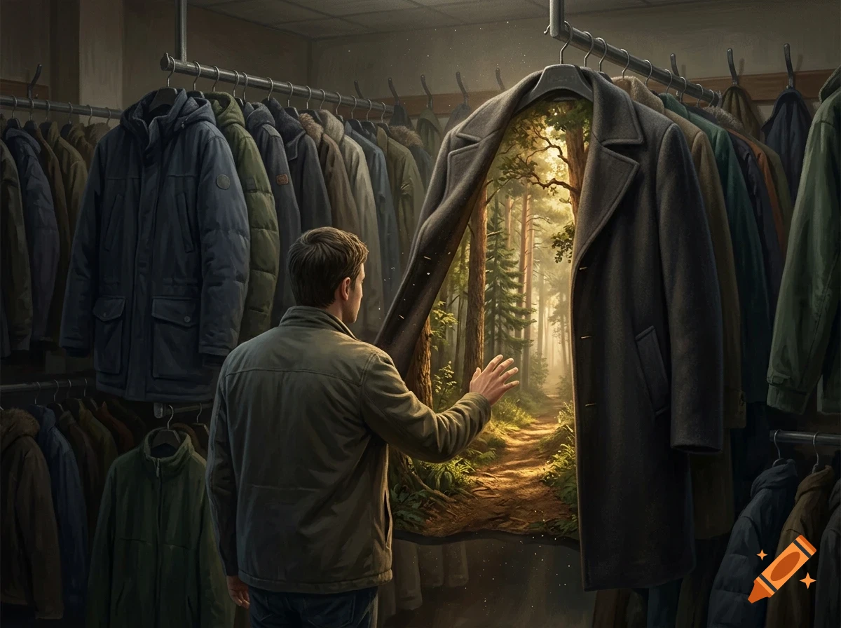 A man in a clothing store reaches out to touch a coat that opens up into a sunny forest path.