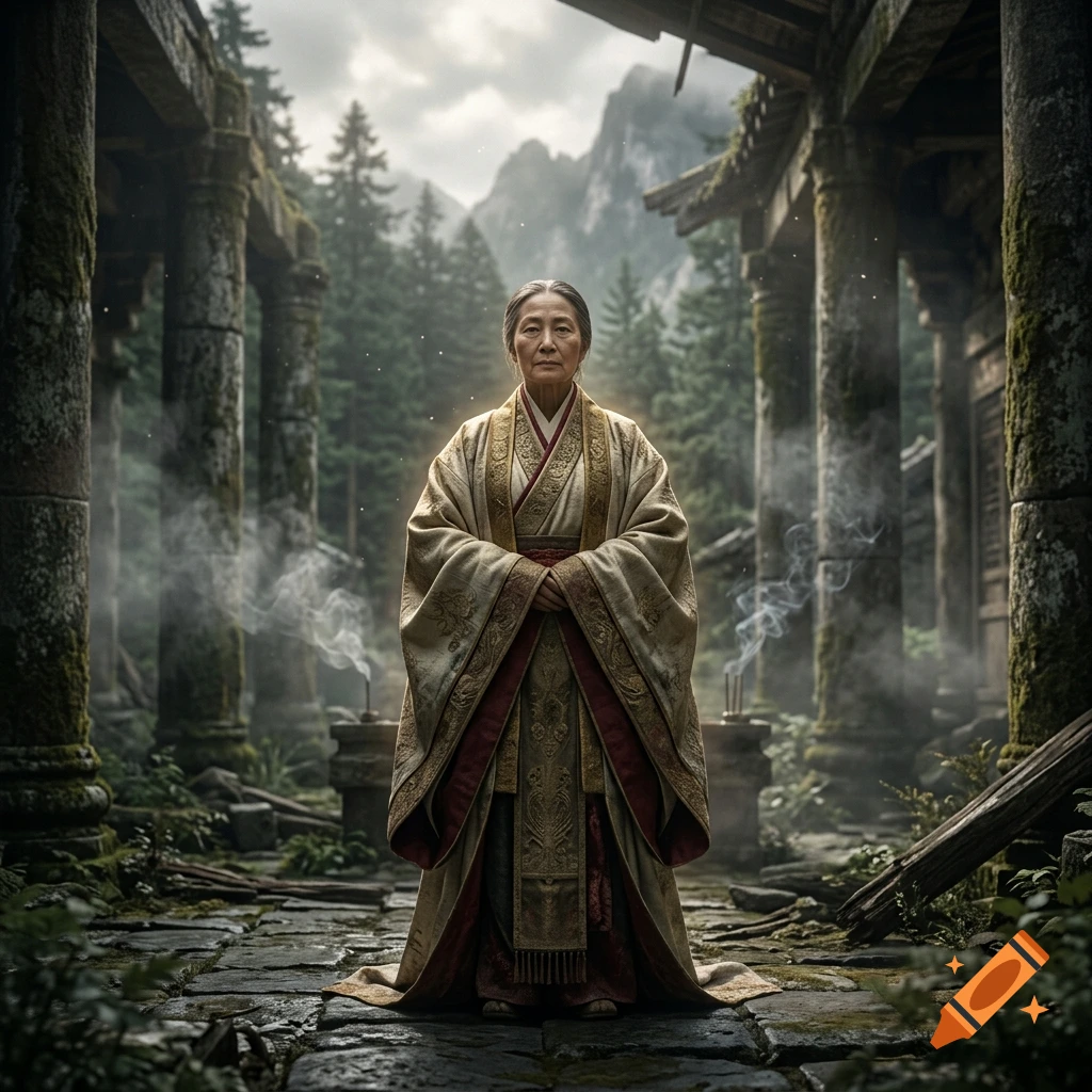 Photorealistic full-body portrait of an East Asian elder dressed in ornate traditional robes, standing in a mossy stone ruin surrounded by a misty pine forest.