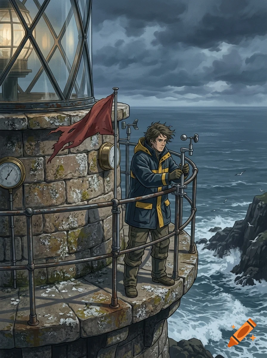 A person in a coat stands on the balcony of a stone lighthouse by the sea under a stormy sky.