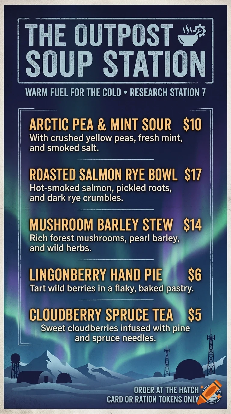 A menu poster titled 'The Outpost Soup Station' featuring soup options and prices against a snowy mountain and aurora background.