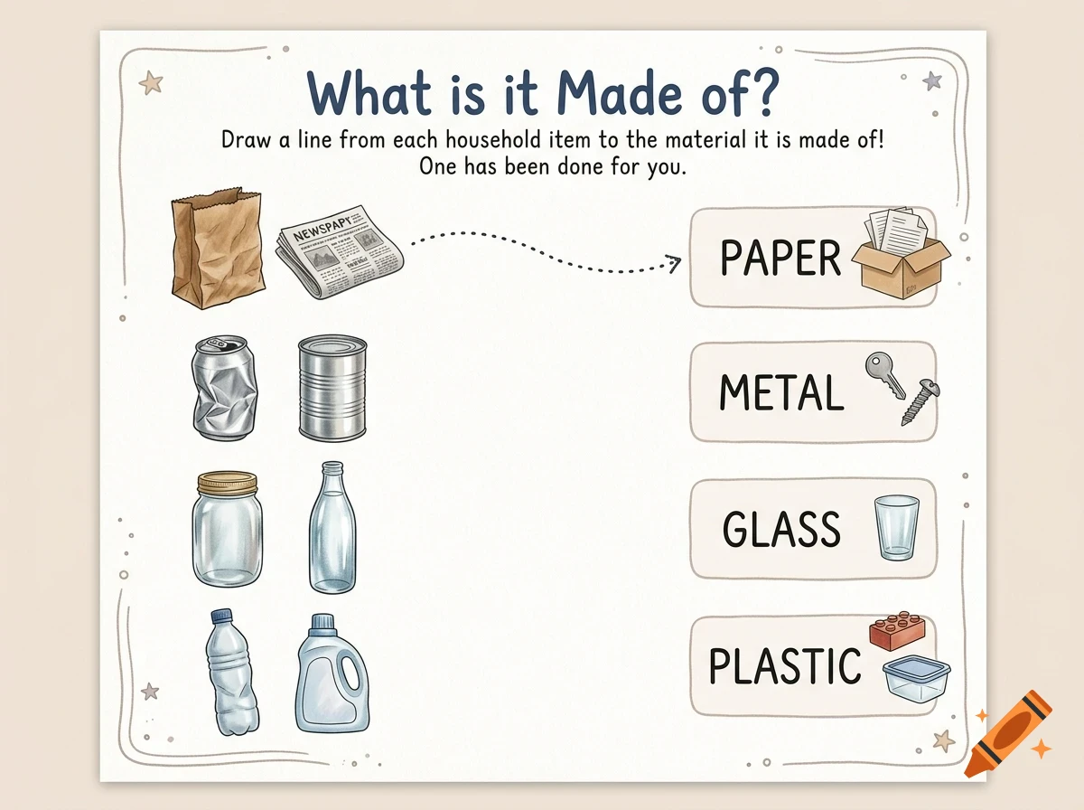 An educational worksheet titled What is it Made of? showing various household items and material categories such as paper, metal, glass, and plastic.