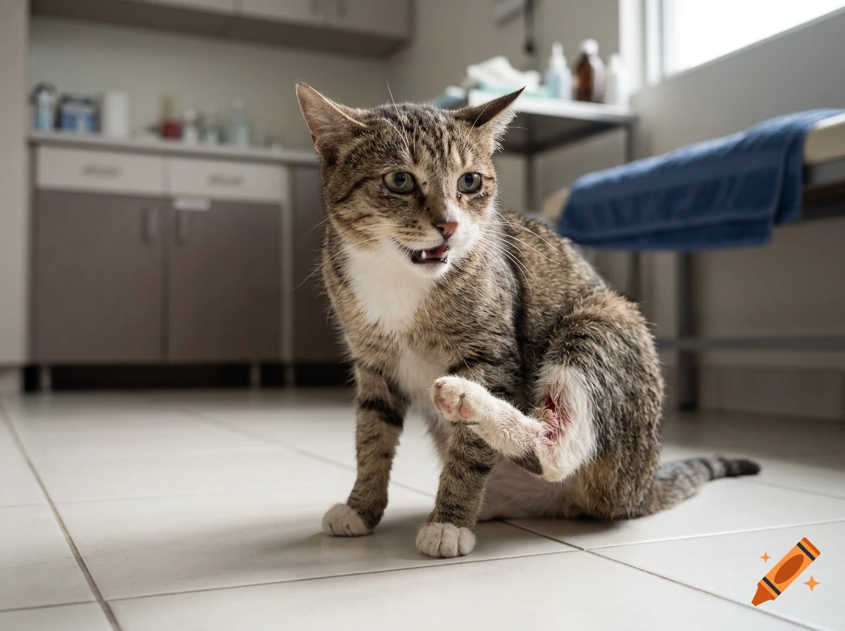 A photorealistic tabby cat sitting on a clinic floor, looking at a minor wound on its hind leg.