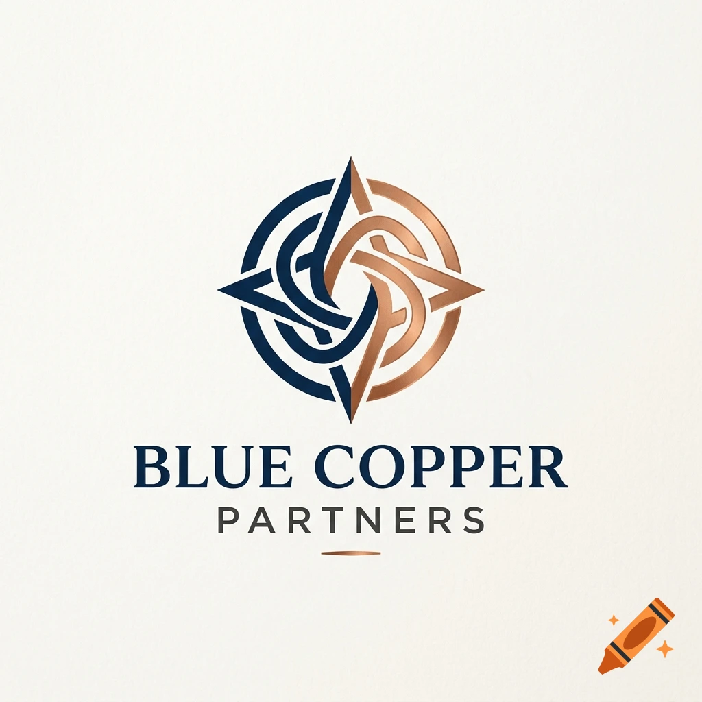 An elegant blue and copper compass logo with the text BLUE COPPER PARTNERS below it on a textured white background.