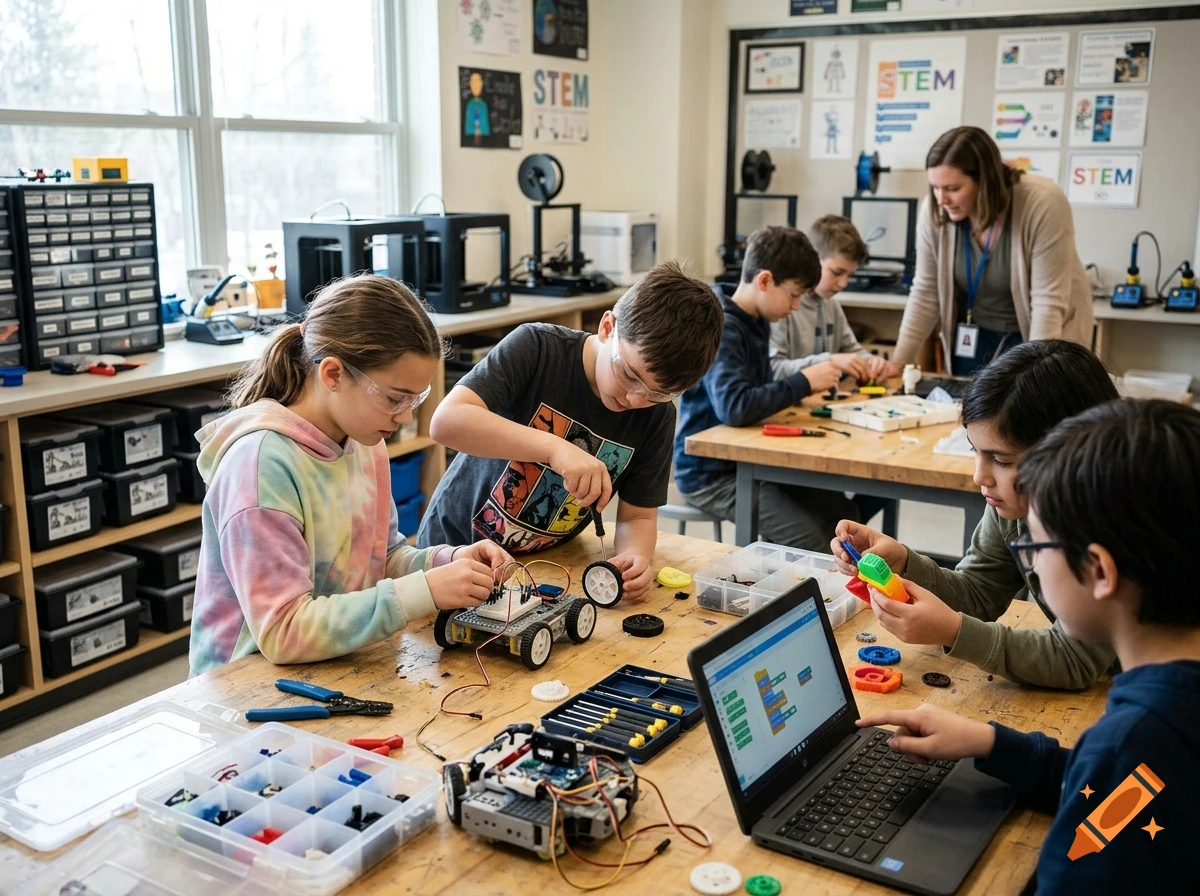 Children building robots in a classroom with a teacher supervising, photorealistic.