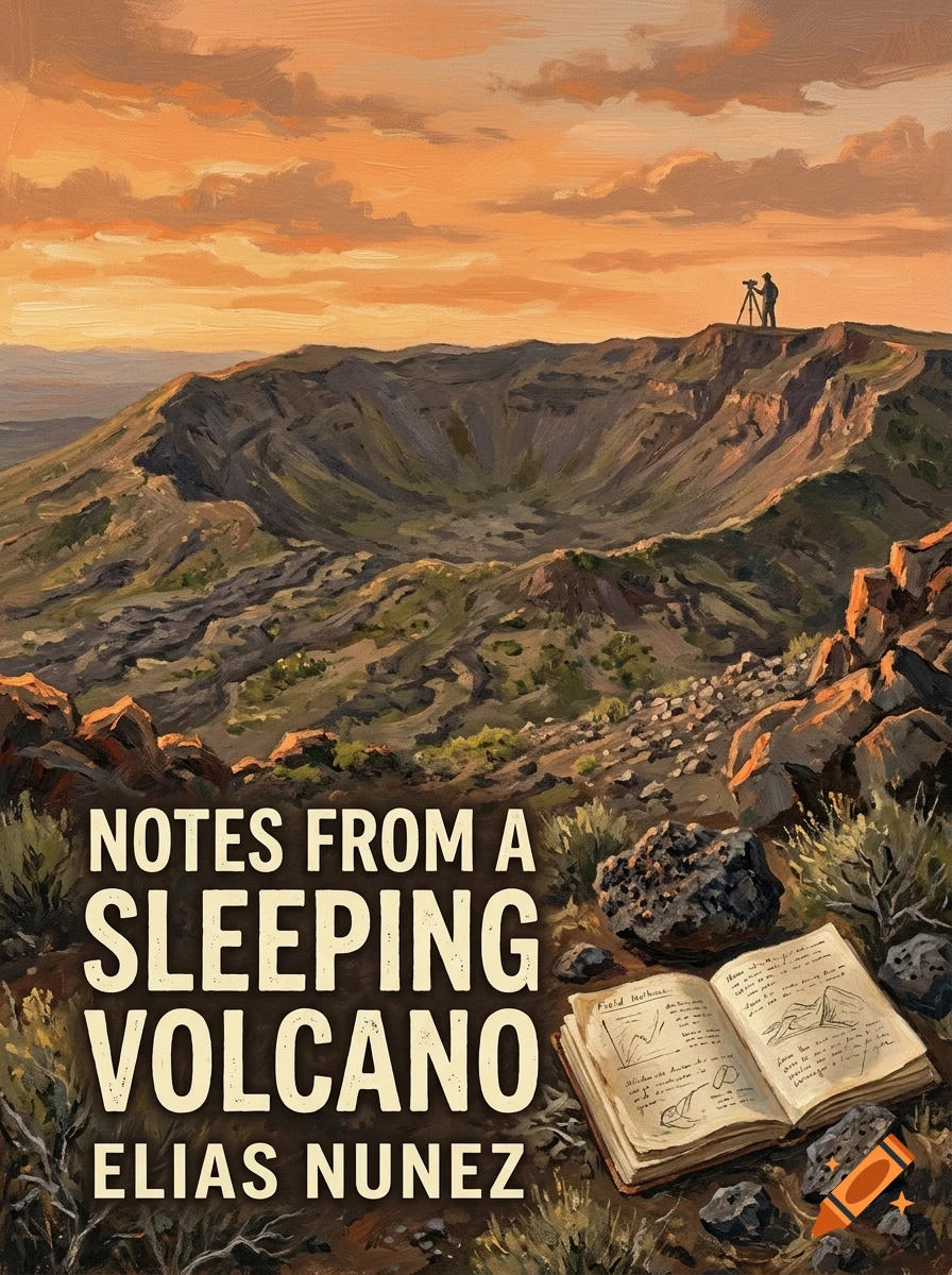 An illustrated book cover showing a volcanic crater at sunset with a person using a tripod on the ridge, an open notebook on the rocky ground, and the title Notes from a Sleeping Volcano by Elias Nunez.