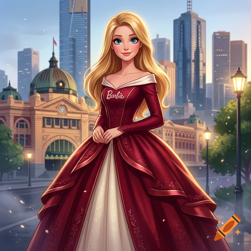 An illustrated blonde woman with blue eyes wearing a dark red princess gown with the Barbie logo, standing in front of Melbourne cityscape.