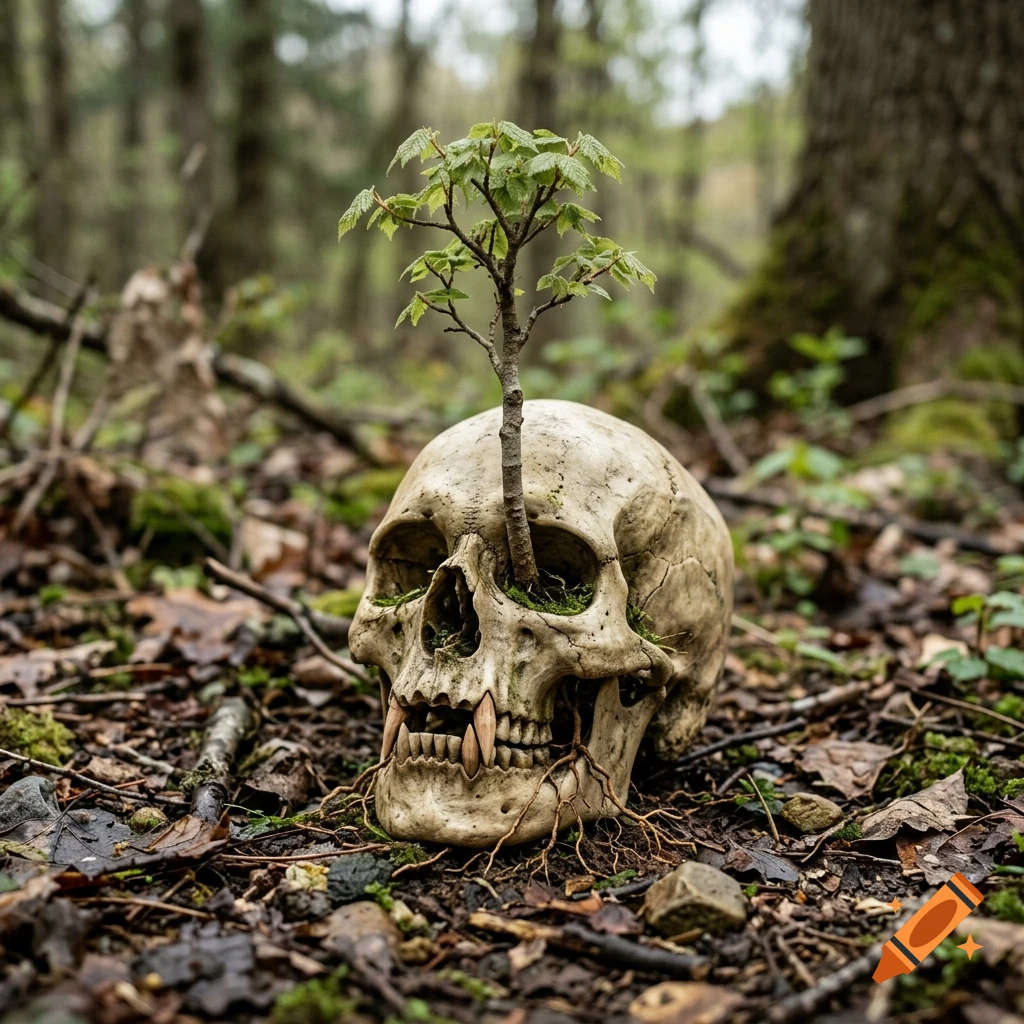 A human skull resting on the forest floor with a small tree growing out of the top and wooden arrow-like fangs, photorealistic.