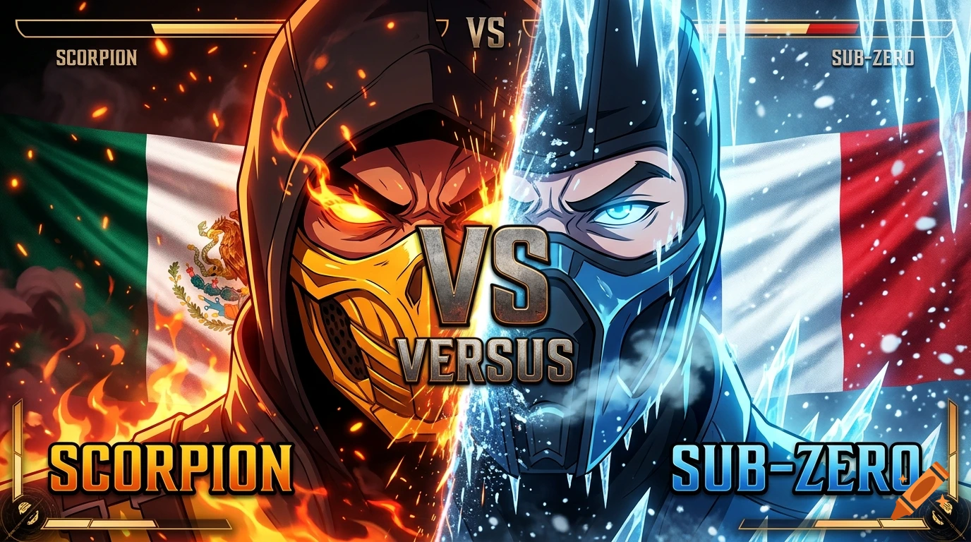 Mortal Kombat versus screen featuring Scorpion with hell flames and a Mexico flag, and Sub-zero with icicles and a France flag.