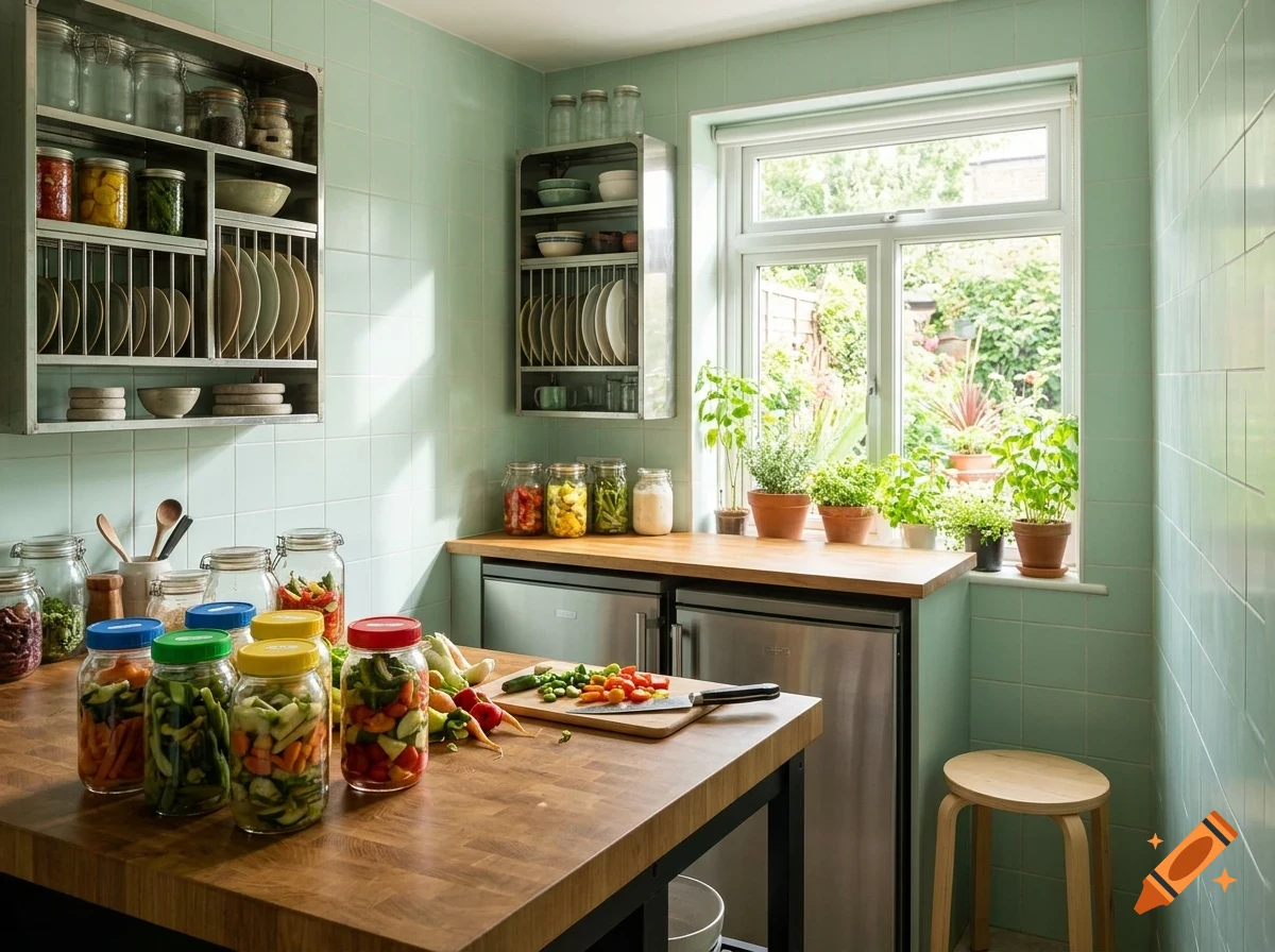 A well-lit, mint green kitchen with a wooden countertop displaying glass jars of vegetables, a cutting board with chopped vegetables, and shelves holding plates and jars.