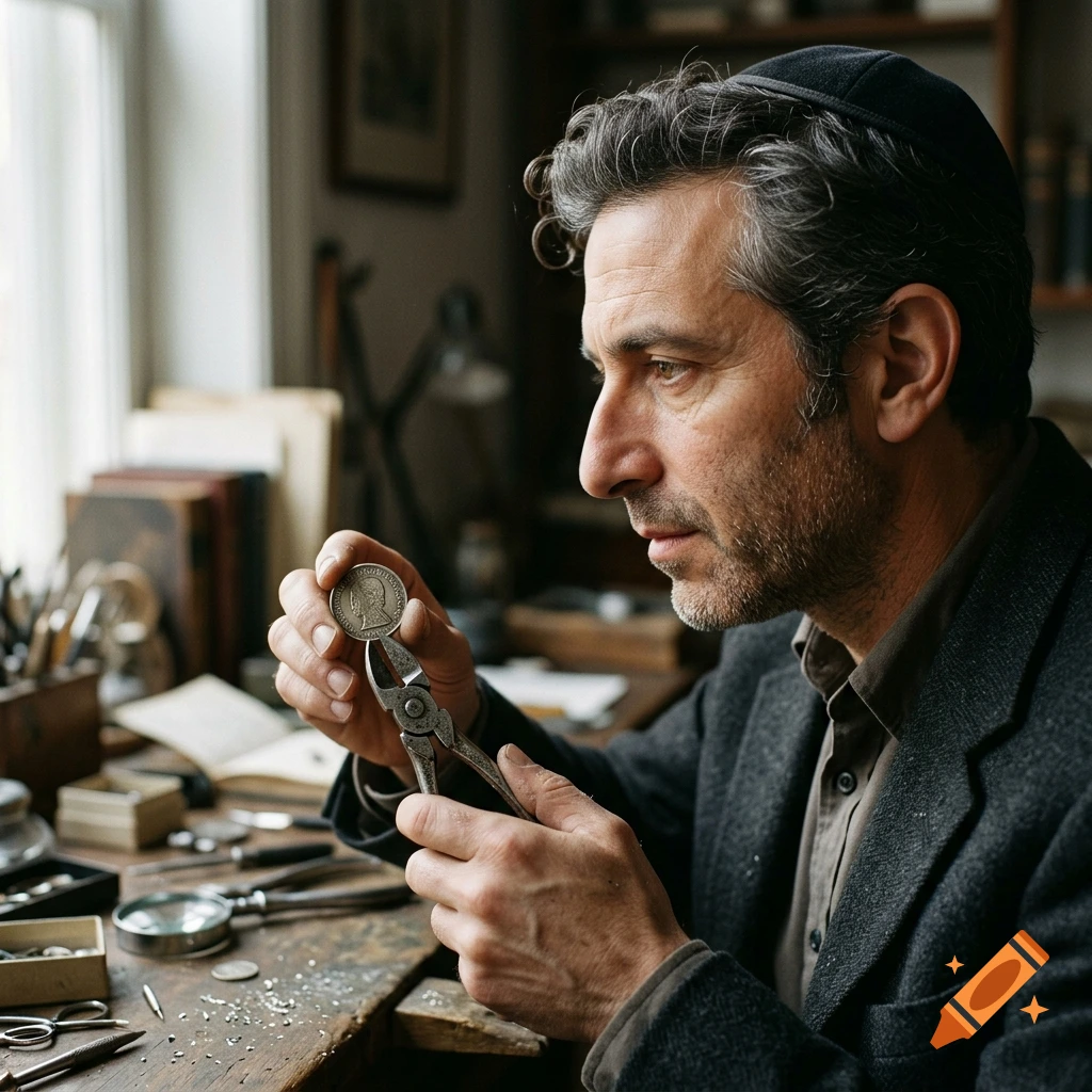 Photorealistic profile view of a man wearing a yarmulke carefully clipping a coin with pliers in a workshop.