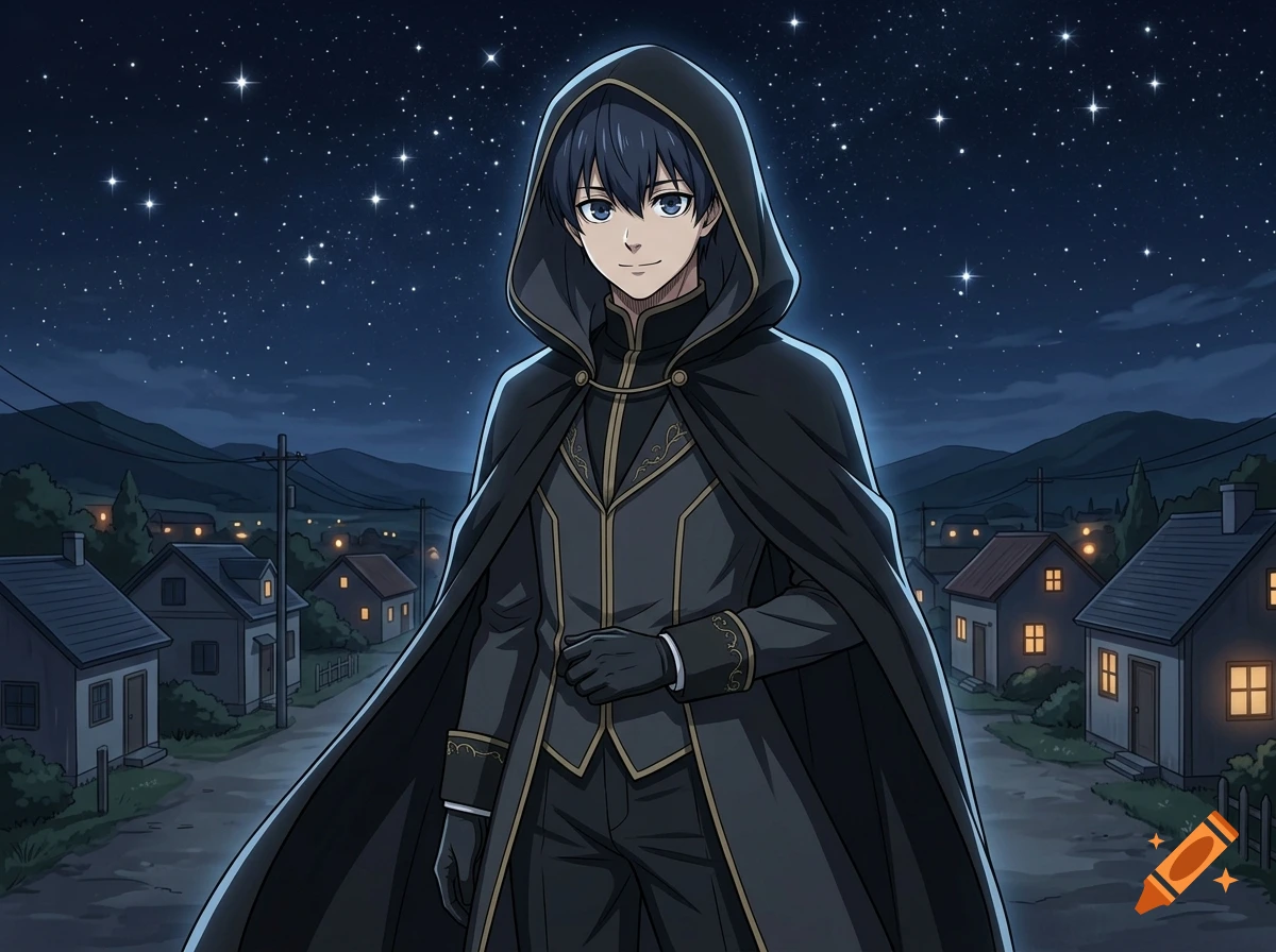 Anime style illustration of a young man in a black and gold noble outfit with a hood, standing before a starry night sky and a village.
