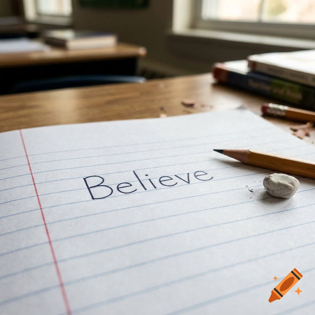 Close-up of a lined notebook page with the word 'Believe' written in cursive, alongside a pencil and eraser on a wooden desk.