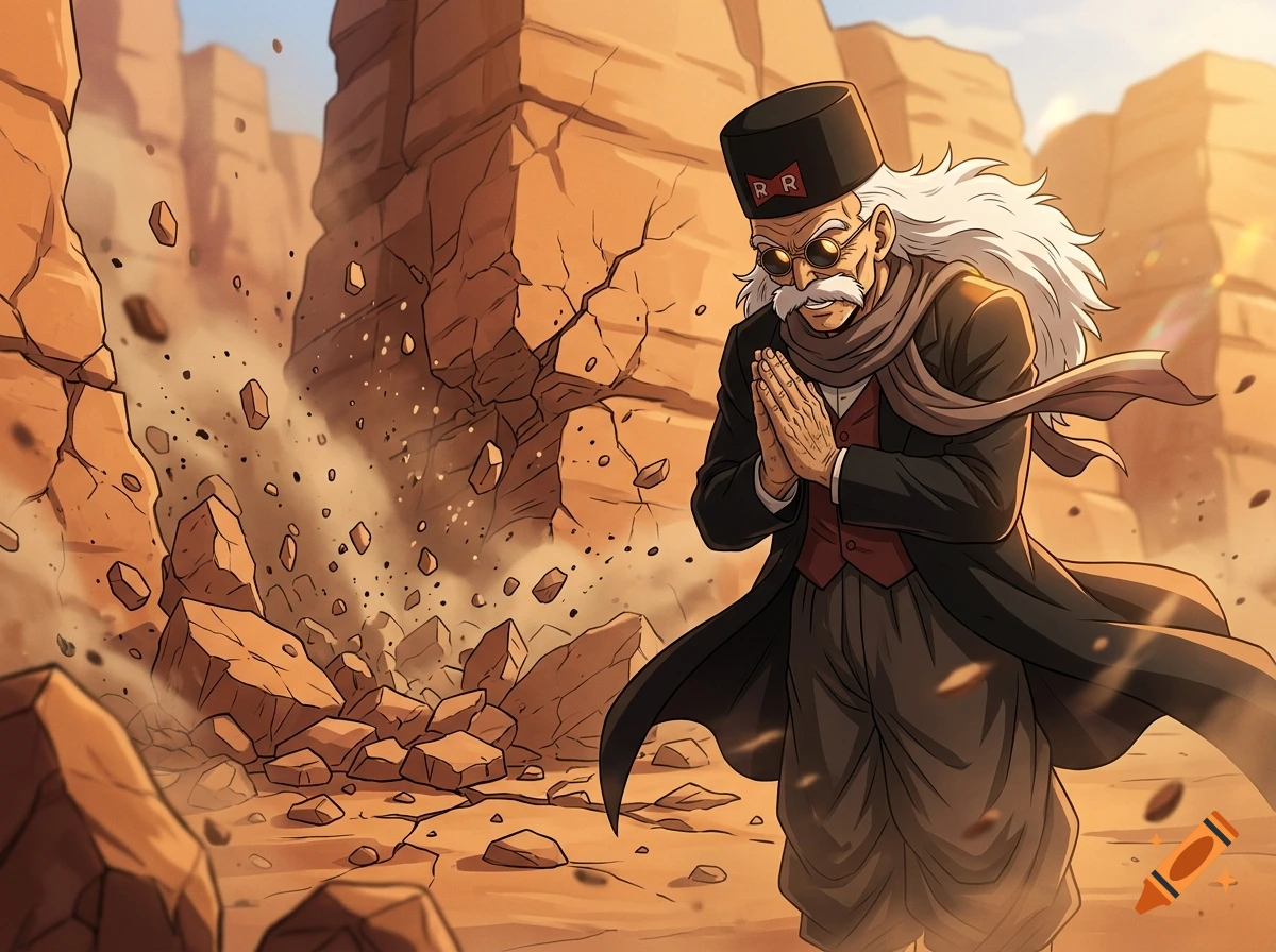 Anime style illustration of Doctor Gero from Dragon Ball Z standing in a canyon with folded hands in prayer.