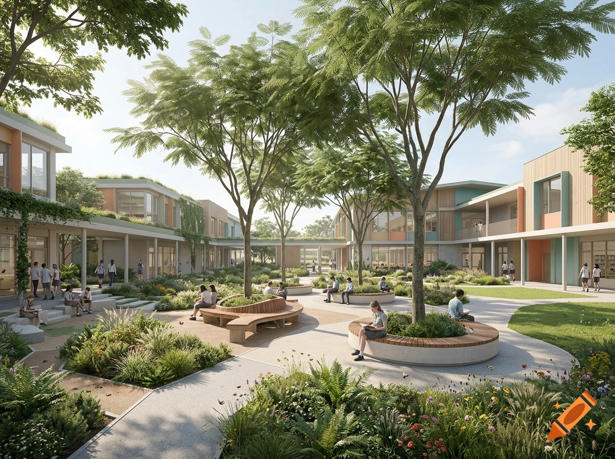 Photorealistic modern school courtyard with lush greenery, trees, and students sitting on circular wooden benches.