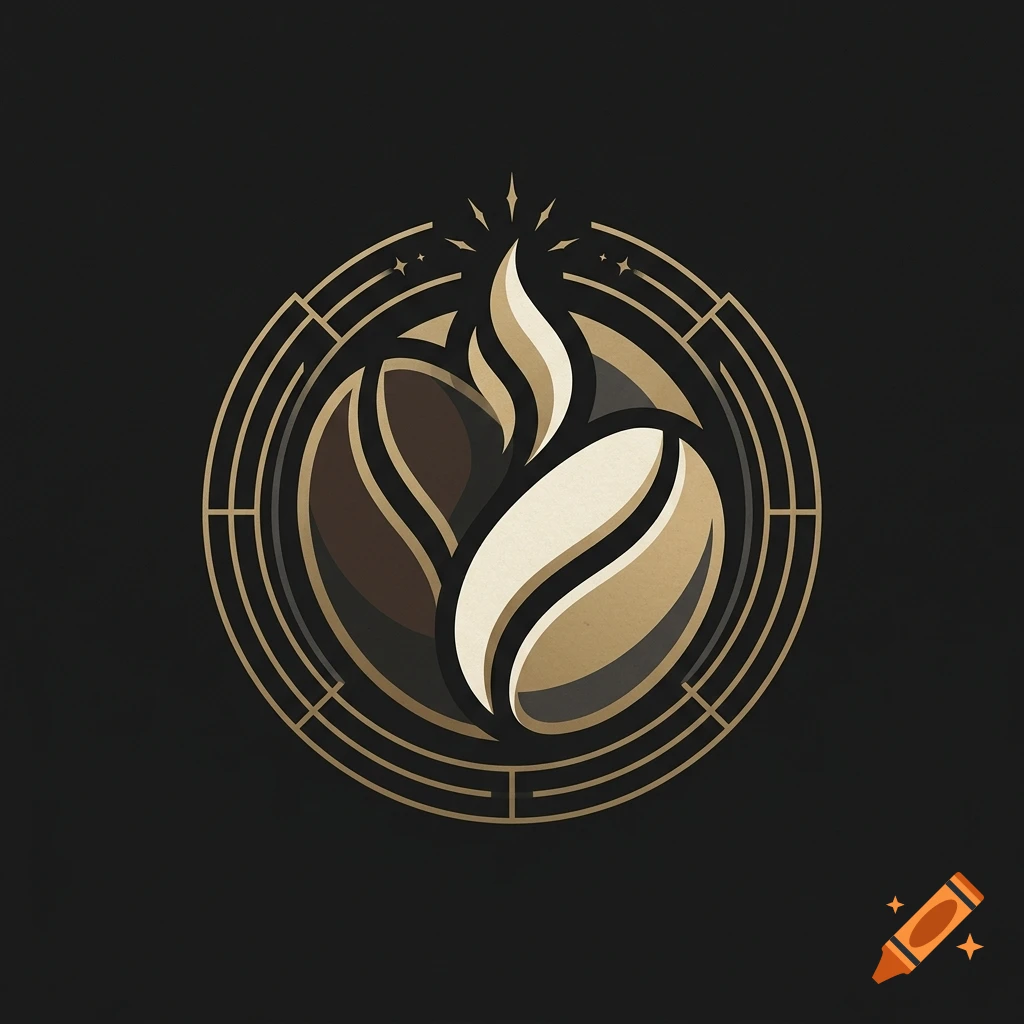 Stylized coffee bean and flame logo in gold and black with geometric circular frame, elegant design.